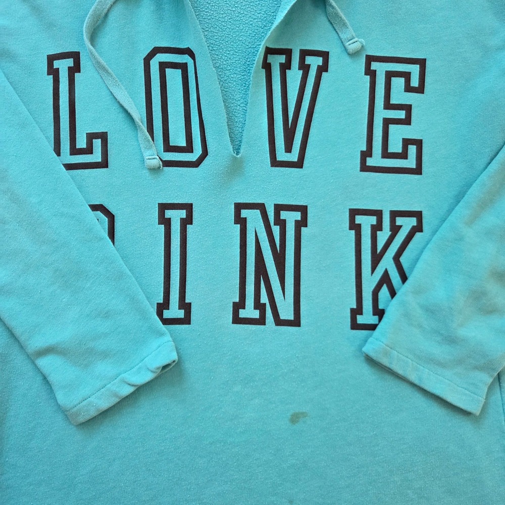 Victorias Secret PINK Hoodie Teal Blue Love Pink Graphic High Low Hem Large - Picture 3 of 10